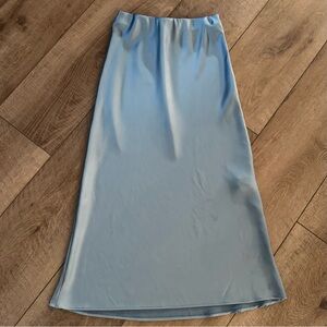 Women's Bias Cut Flowy A Line Blue Satin Maxi Skirt Elastic Waist Size XS Scandi